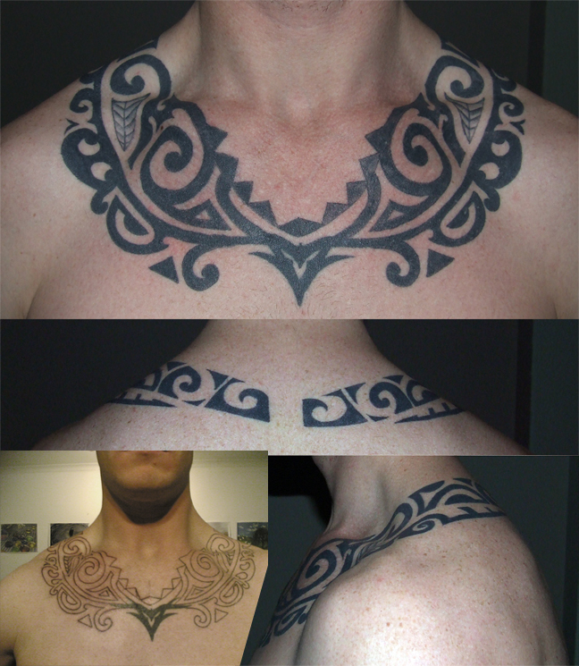 chest tattoo by Theresa Rowland chest tattoo Borneo Tribal chest tattoo
