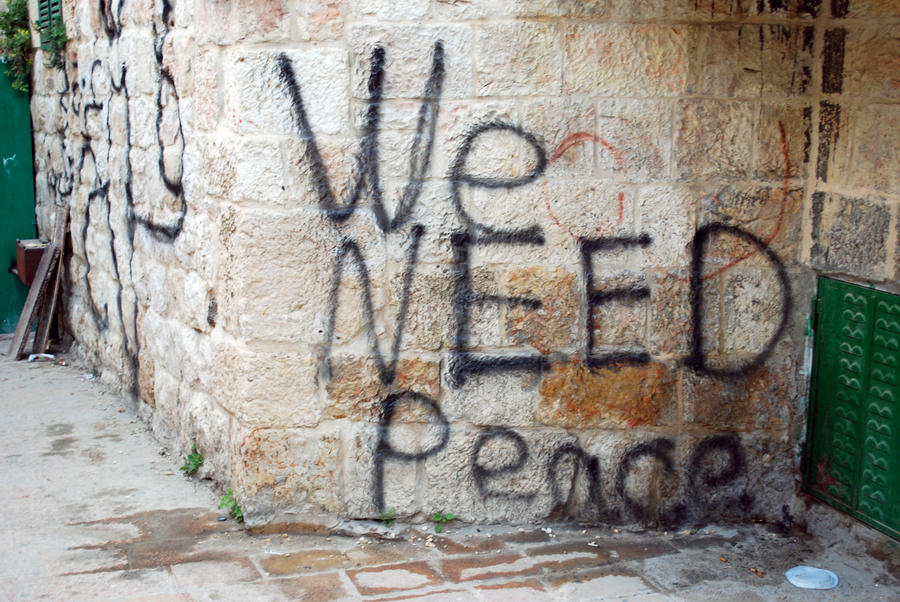 graffiti from Jerusalem: black spray-painted words, "We NEED Peace"