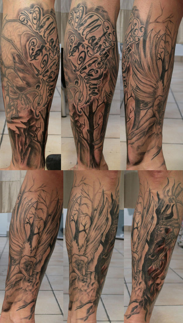 angel sleeve tattoo. leg sleeve tattoos. half