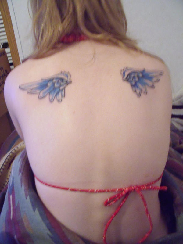 Women Back Piece With Small Angel Wings Tattoos Picture 3