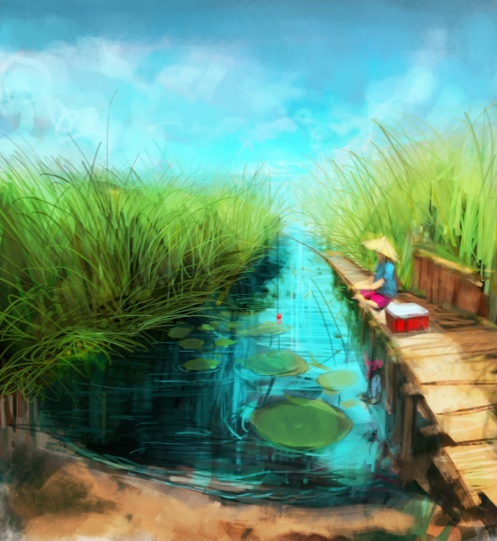 lush, colorful landscape painting of going fishing
